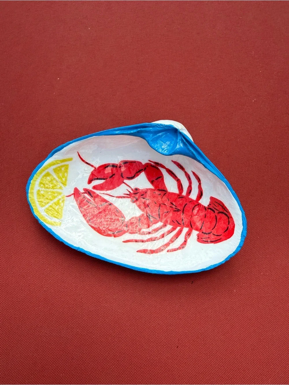 Hand-Painted Lobster Shell Trinket Dish - Blue, Red, Yellow